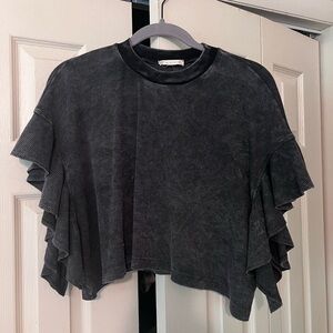 Altar’d State Women’s Cropped Black Ruffle Blouse